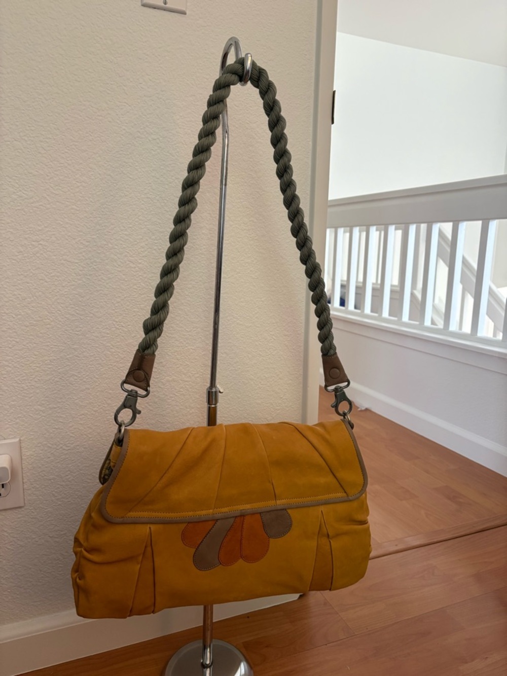 Mustard Suede Shoulder Bag with Braided Olive Strap - Picture 3 of 6